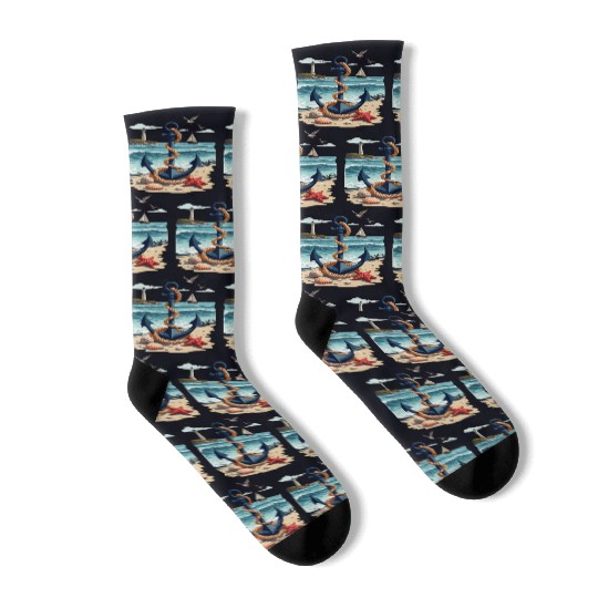 Nautical Anchor and Lighthouse Ocean Scene for a Socks