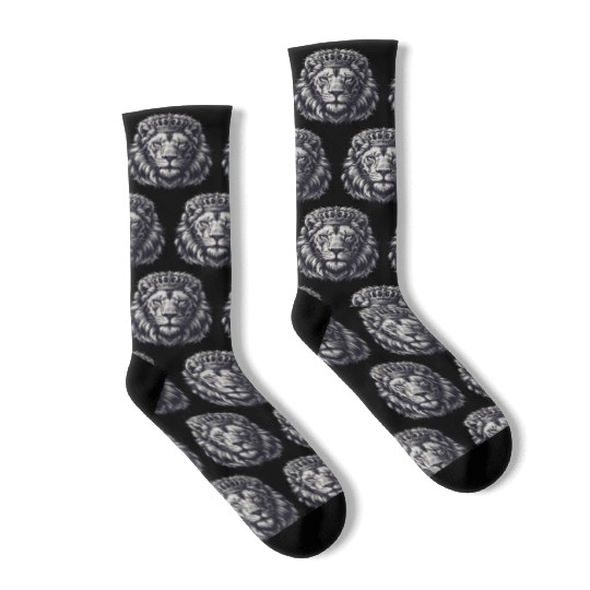 Royal Lion Face with Crown Black and Grey Socks