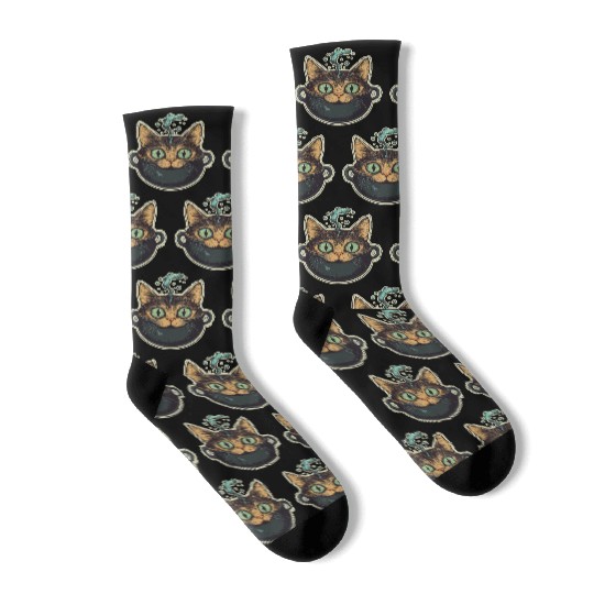 Cat Boiler Cat Witch Halloween Socks