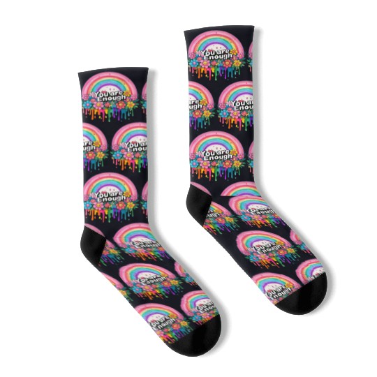 "You Are Enough" Rainbow and Flowers Inspirational Socks