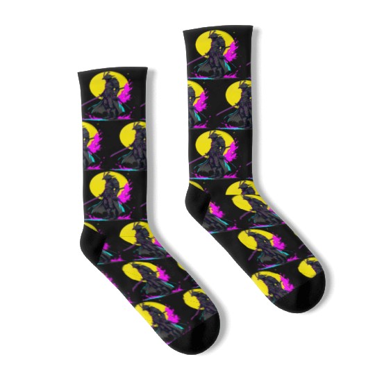 Cyberpunk Samurai Warrior Neon Art Design Socks
