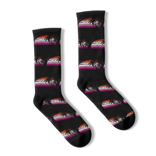 Retro Sunset Palm Trees Lesbian Pride Aesthetic Socks