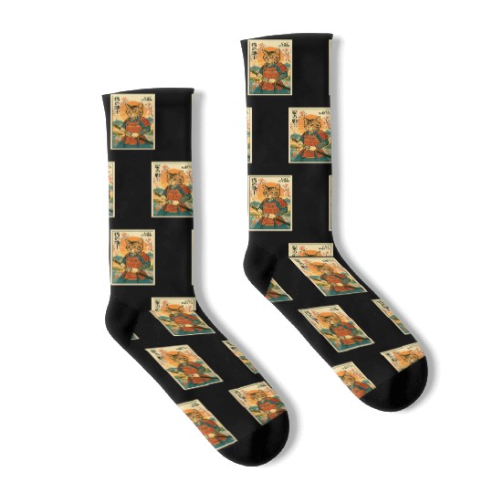 Samurai Cat in Traditional Armor Art Socks