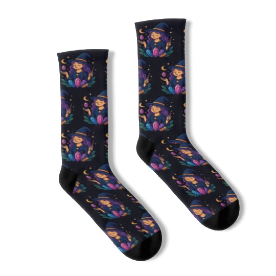 Mystical Crystal Witch Illustration Socks
