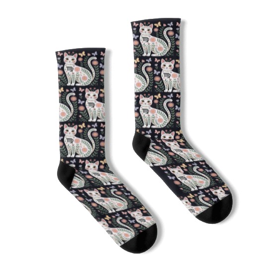 Virgo Zodiac Cat with Daisies Socks