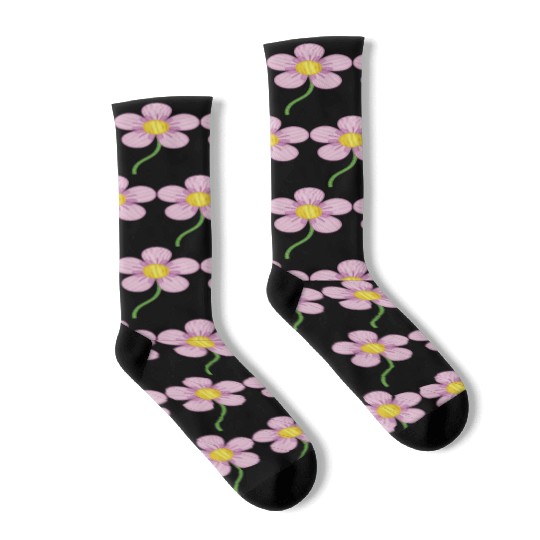 Cute Pink Embroidered Flower Illustration Socks