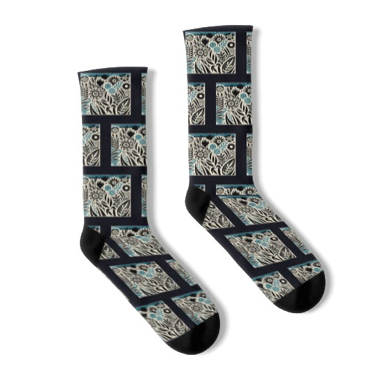 Teal & Black Floral Pattern Socks