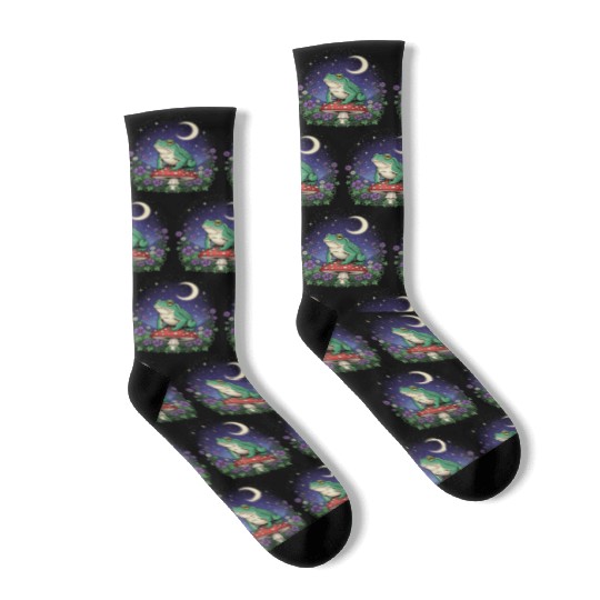 Green Frog on Red Mushroom - Starry Night Socks