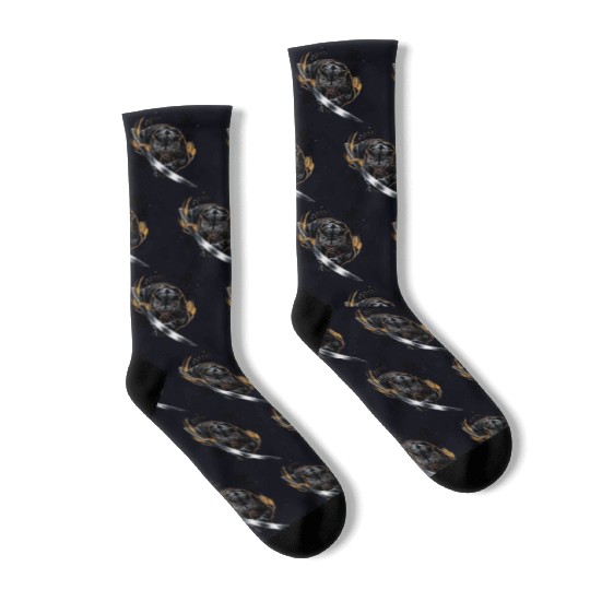 Fierce Black Panther With Samurai Sword Socks