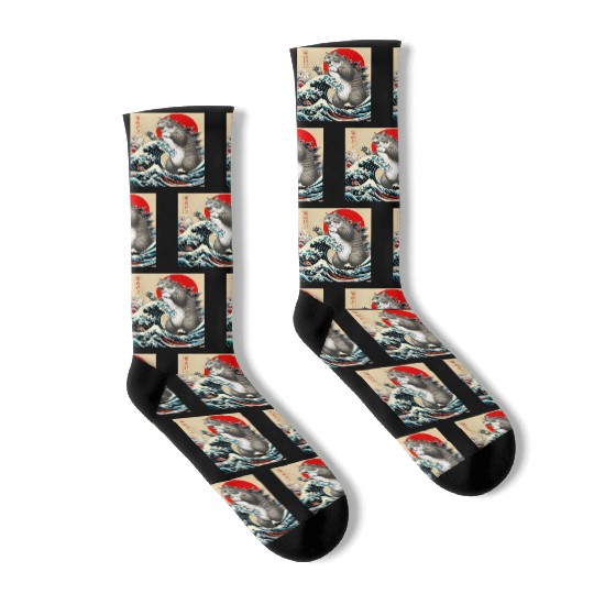 Catzilla Cat Japanese Art Funny Cat Socks