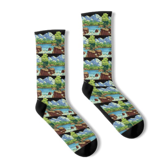 Serene Mountain River Landscape Socks