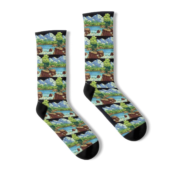 Serene Mountain River Landscape Socks