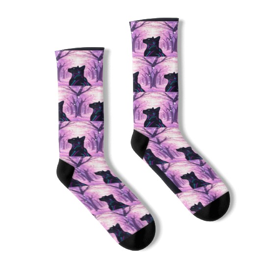 Midnight Cyber Cat | Pink Cherry Blossom Forest Socks