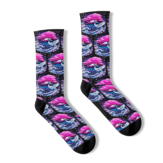 Neon Sakura Crane & Mount Fuji Scene Socks