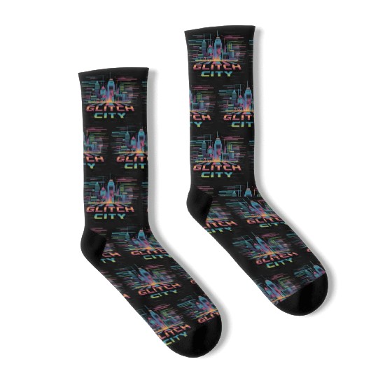 Neon Cyberpunk Cityscape Design Socks