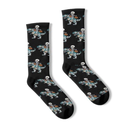 Skeleton Riding Mummy Dinosaur Funny Halloween Socks