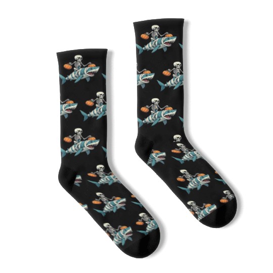 Skeleton Riding Shark Mummy Funny Halloween Socks