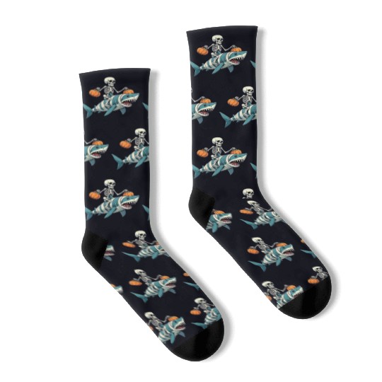 Skeleton Riding Shark Mummy Funny Halloween Socks