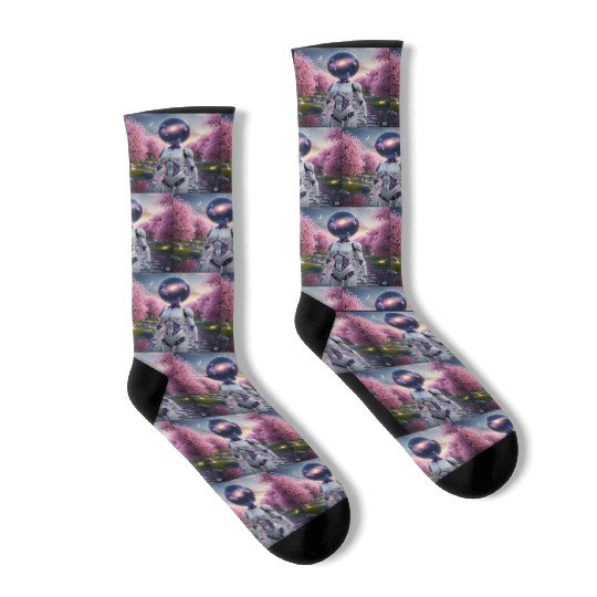 Futuristic Robot in Cherry Blossom Paradise Socks