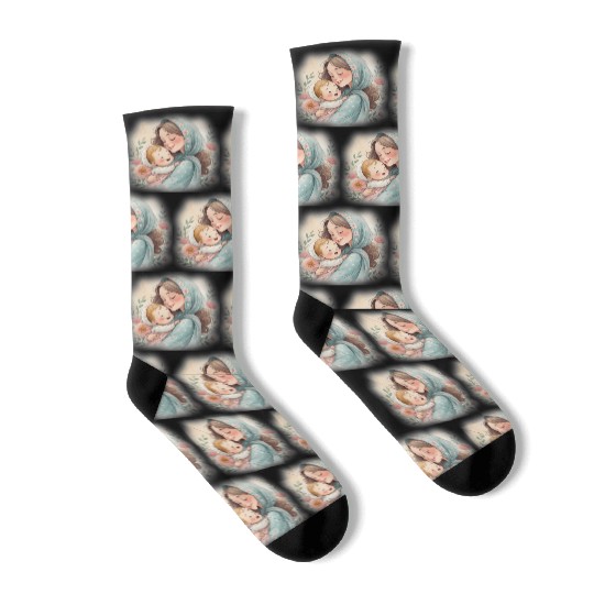 islamic Mother and Child Embrace in Blossom Socks