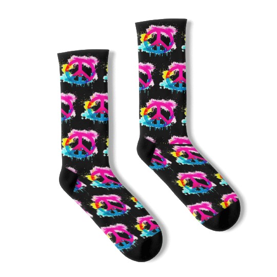 Peace sign neon colors groovy spray paint splatter Socks