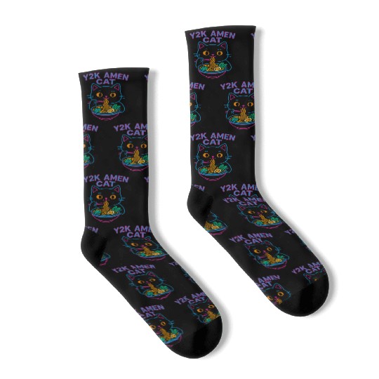 Y2K Ramen Cat – Retro Neon Anime Noodle Lover Desi Socks