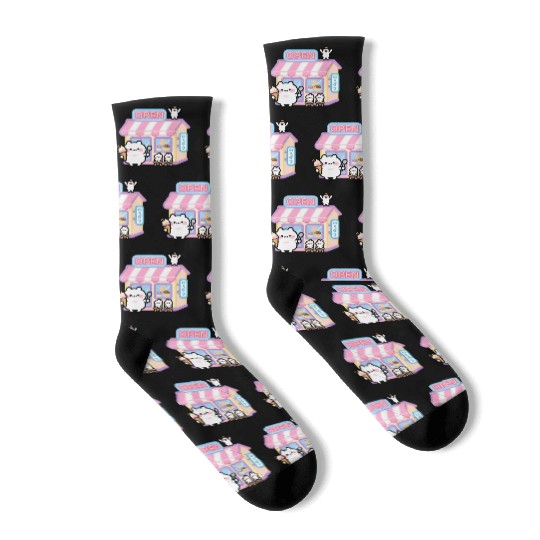 Kawaii Cat Ice Cream Shop Illustration Socks