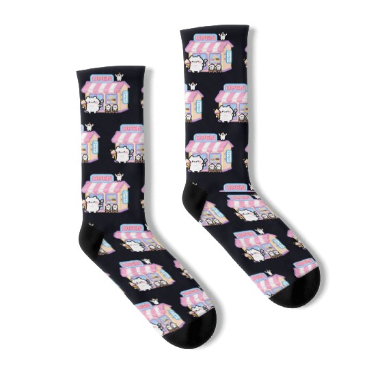 Kawaii Cat Ice Cream Shop Illustration Socks