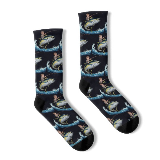 Joyful young boy rides massive jumping tuna Socks