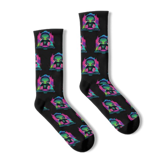 A cute chibi-style alien dark DJ Socks