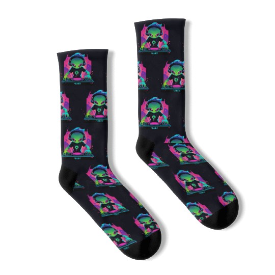 A cute chibi-style alien dark DJ Socks