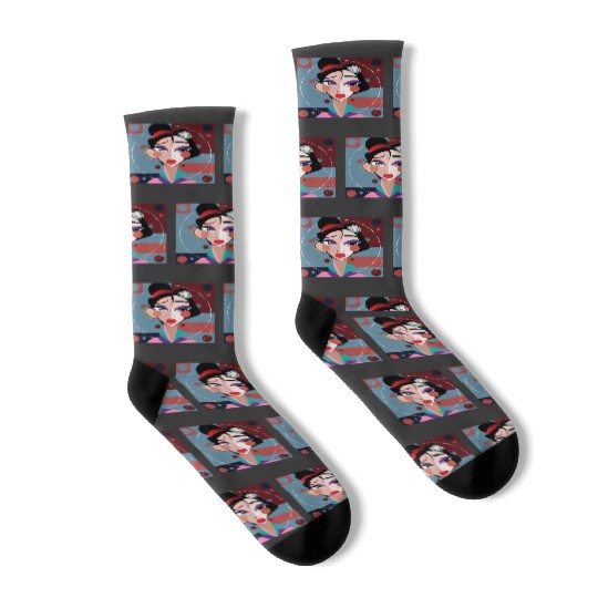 Crimson Essence Serene Beauty in a Short Japanese Kimono with Blue Eyes Sticker: Disney Mulan Anime Mushu, Mulan and Mushu Socks