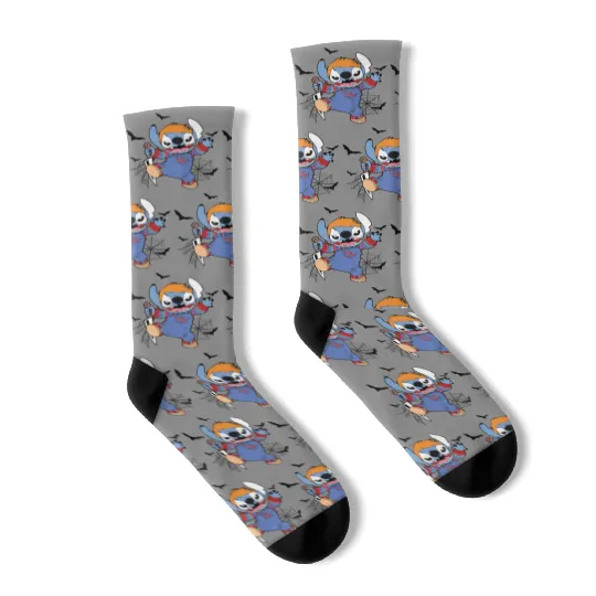 Disney Halloween Chucky Stitch Socks, Disney Stitch Horror Movie Socks, Chucky Socks
