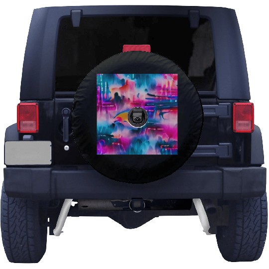 Abstract watercolor pattern in retro neon colors Spare Tire Covers