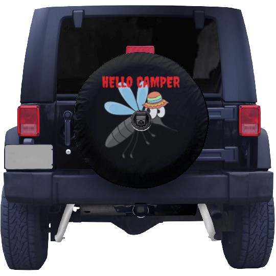 Hello camper | Cute mosquito with a colorful hat Spare Tire Covers