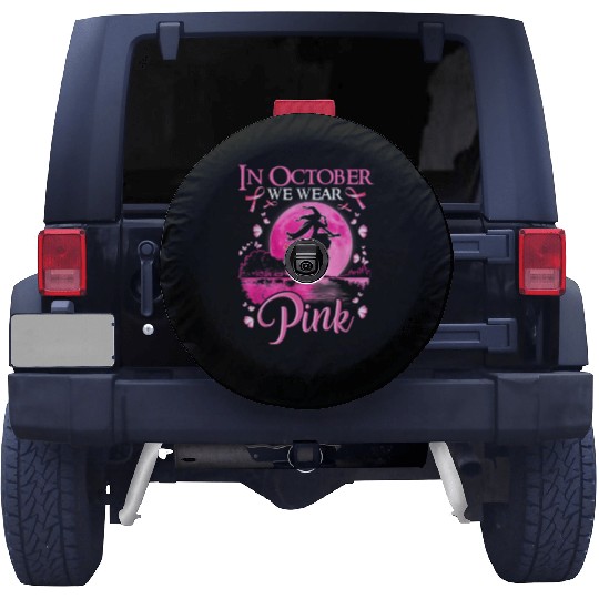 In October We Wear Pink Ribbon Witch Halloween Spare Tire Covers