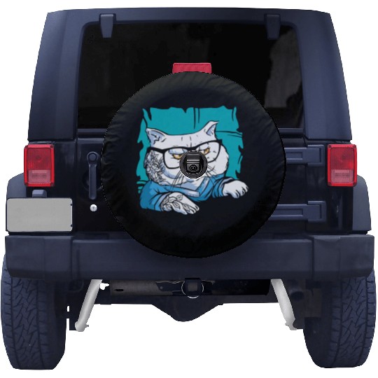 Stylish Nerd Persian Cat Beanie Glasses Tattoo Spare Tire Covers