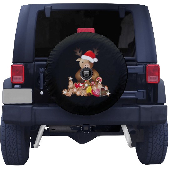 cute reindeer for christmas with santa hat Spare Tire Covers