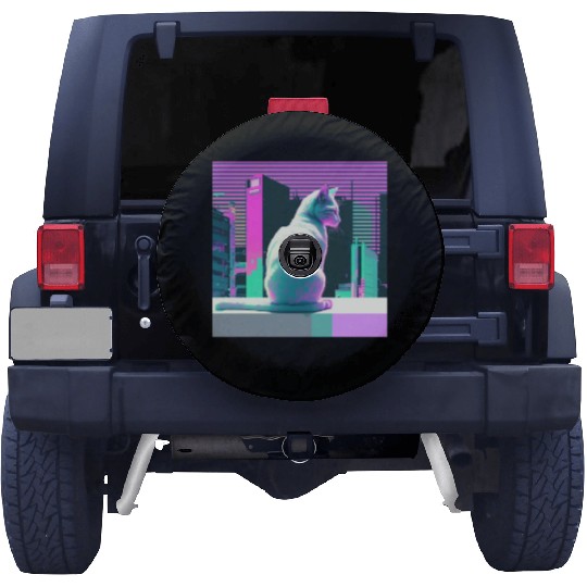 Vaperwave Aesthetic Glitch Cat Retrowave Synthwave Spare Tire Covers