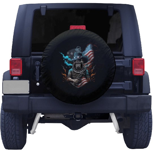 Skeleton with a gun, American flag Spare Tire Covers