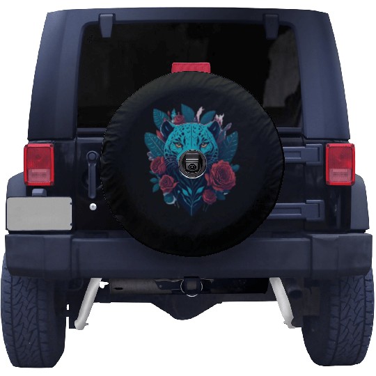 cute jaguar with red flowers Spare Tire Covers