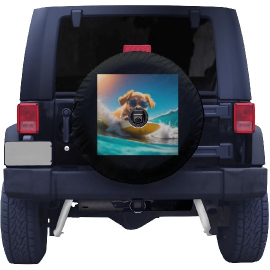 A cute hyper golden dog surfing in the sea Spare Tire Covers