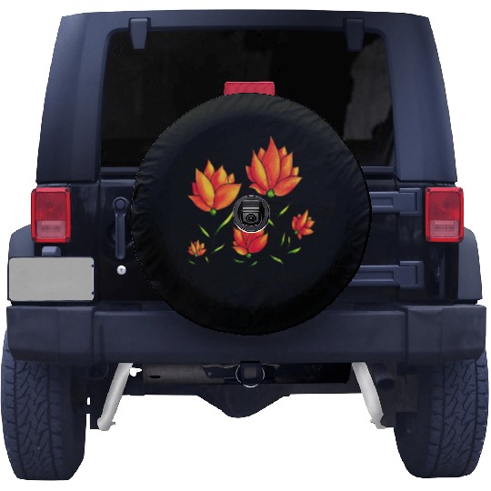 Orange Flowers In Green Spring Watercolor Spare Tire Covers