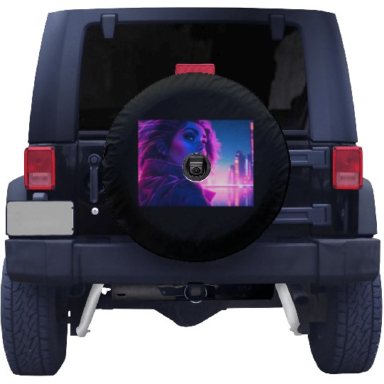 Synthwave girl in front of a neon light city Spare Tire Covers