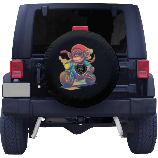 monkey driving a motorcycle in the summer Spare Tire Covers