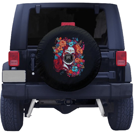 Dia de los muertos woman sugar skull with flowers Spare Tire Covers