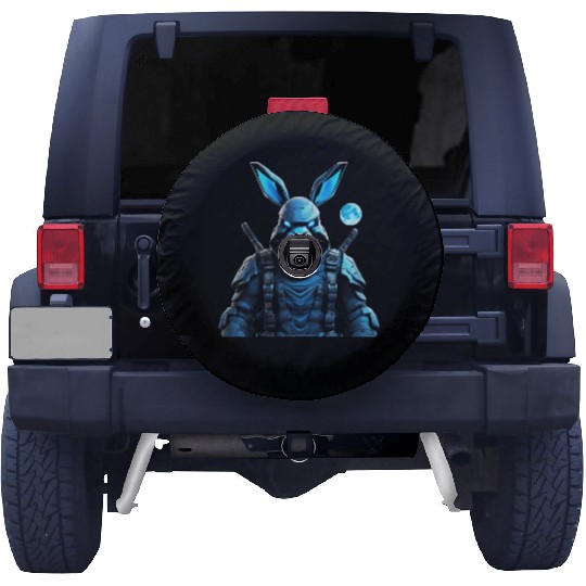 Cyber Ninja Hare: Blue-Grey Fierceness Unleashed Spare Tire Covers