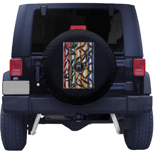 Striped Abstract Painting with Leaves Spare Tire Covers