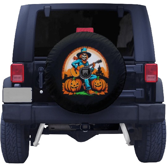 Happy Halloween scarecrow plays guitar Spare Tire Covers