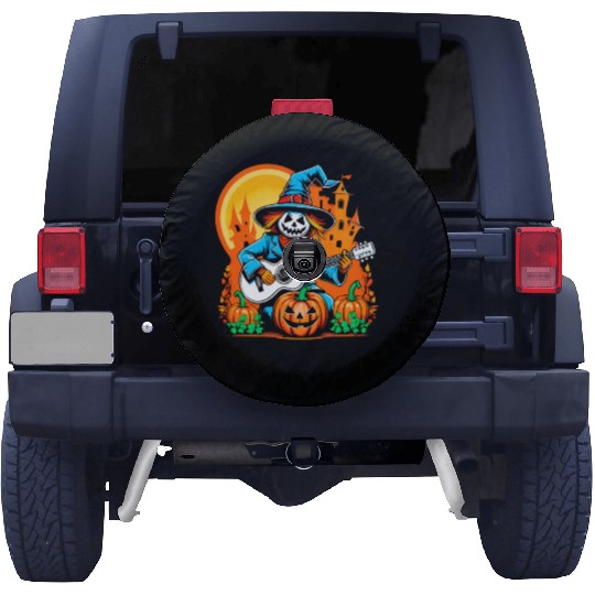 Happy Halloween scarecrow plays guitar Spare Tire Covers